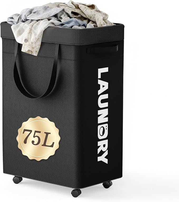 YECAYE 75L Rolling Laundry Hamper, Easy-to-Assemble Clothes Hamper with Wheels, Rolling Dirty Clothes Basket, Slim Basket for Bedroom, Bathroom, or Laundry Room, Black