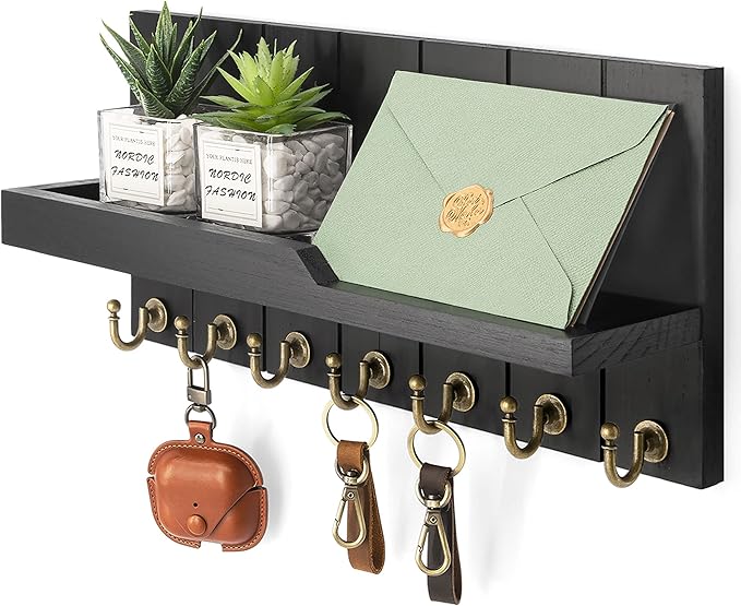 Rebee Vision Decorative Key and Mail Holder for Wall - Farmhouse 15 Inches Floating Shelf with 7 Sturdy Key Hooks for Home Entryway Wall Decor - Rustic Key Racks (Black)