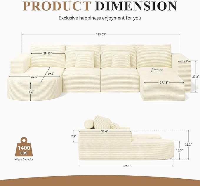 134" Boneless Couches for Living Room,Modular Sectional Sofa with Ottoman,Cloud Couch in a Box,Sponge Compression U Shaped Sofas with Chaise No Assembly Required(Beige-Corduroy Fabric) 1pcs
