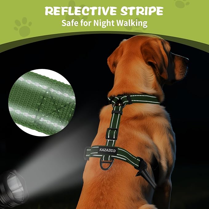 No-Pull Harness,Y-Shaped Design,Buckle-Neck Balance Harness with Reflective Stitching, Ideal for Dog Training and Night Walking, Padded Handle, Durable High-Tensile Nylon-Green-L