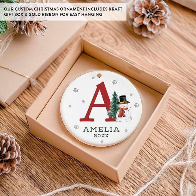 Andaz Press Personalized Christmas Ornament, Custom Name Initial A Monogram Snowman 2.8" Ceramic Porcelain 2025 Christmas Ornament For Kids Boys Girls 1-Pack Initial Ornaments Name Ornaments Christmas