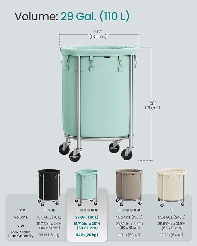 SONGMICS 29-Gallon (110 L) Laundry Basket with Wheels, Rolling Round Heavy-Duty Laundry Hamper Cart with Steel Frame and Removable Bag, 2 Locking Wheels, Mint Green and Metallic Silver URLS002C01