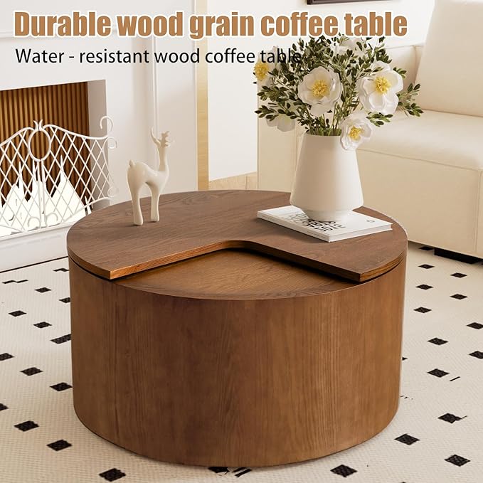 Mid - Century Modern Round Drum Coffee Table with 360° Rotating Desktop & Storage, 27.16" Walnut Small Center Table for Living Room & Home Small Spaces (Brown 27.16)