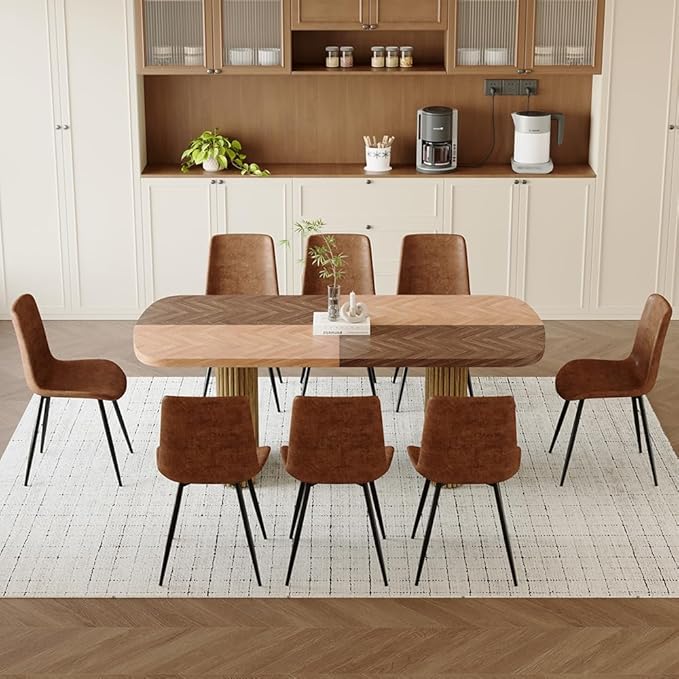 79" Large Dining Table Set for 8, Rectangular Wood Dining Room Table with 8 Suede Upholstered Chairs, 1.7" Thick Two-Color Wood Top & Sculpted Wave Legs, Modern Farmhouse Kitchen Table and Chairs Set