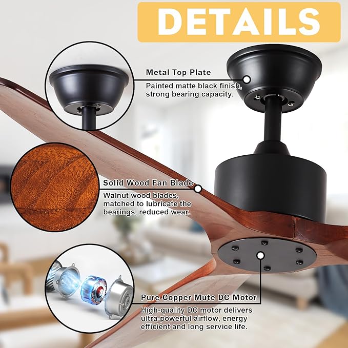 52 inch 3 blade Wood ceiling fan without light, Noiseless Reversible DC Motor Walnut Ceiling Fan Without Light for Farmhouse Patio Living Room Bedroom, Indoor Outdoor Ceiling Fan with Remote