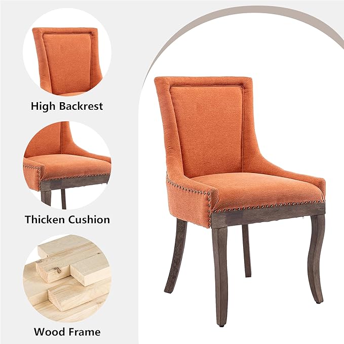 Farmhouse Dining Chairs Set of 6, Upholstered Fabric Dining Room Accent Chairs with Wood Legs & Bronze Nailhead, High Wingback Kitchen Chairs for Living Room Hotel Apartment, Orange