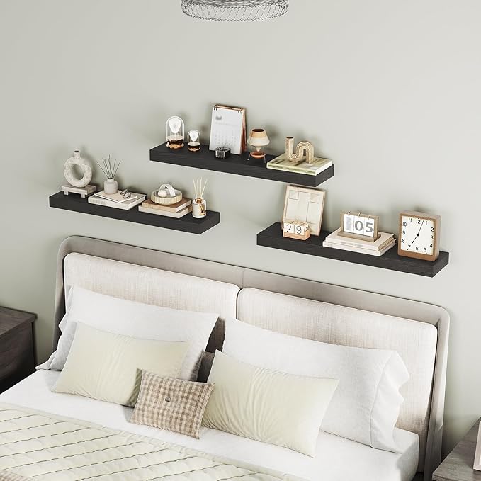 Floating Shelves for Wall, 1.5" Thick Wall Shelf Set of 3 with Invisible Brackets, L31.5 x W7.9 Hanging Book Shelves Farmhouse Home Decor for Bathroom, Living Room, Bedroom, Black 8301BJP3BK