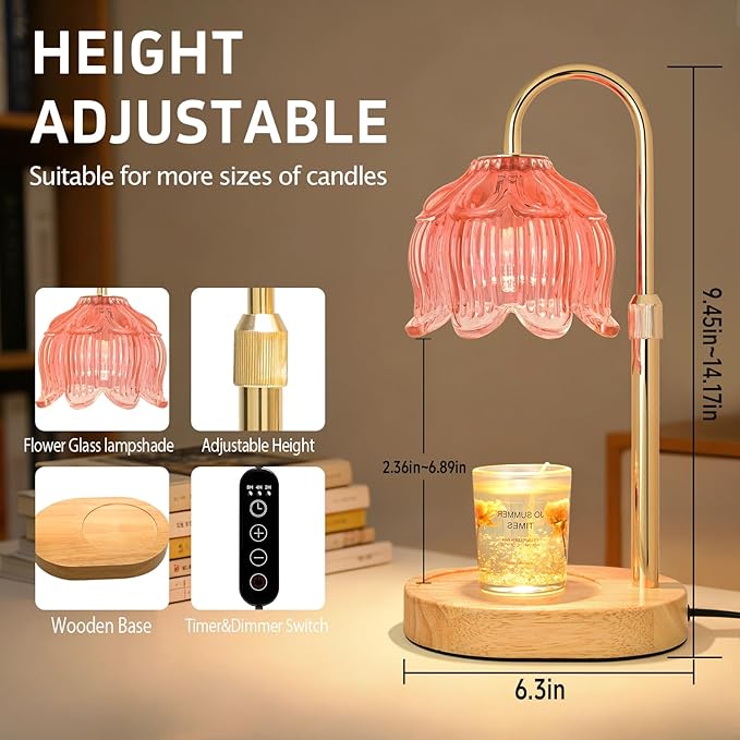 Candle Warmer lamp with Timer Dimmer,Electric Candle Warmer, Vintage Flower Lotus lamp,Compatible with Various Candles, Gifts for Mom Women,Candle Lamp for Bedroom Home Decor（Flower Pink）