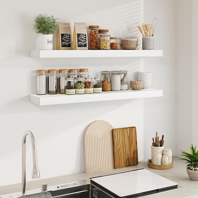 Fun Memories Floating Shelves for Wall, 40Inch Floating Shelves Set of 2, Hanging Shelf with Invisible Brackets, Wood Shelves for Living Room, Bedroom, Kitchen, White