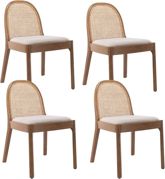 HEAH-YO Rattan Dining Chairs Set of 4, Upholstered Linen Dining Room Chairs with Backrests, Modern Kitchen Chairs with Wood Legs for Dining Room, Beige