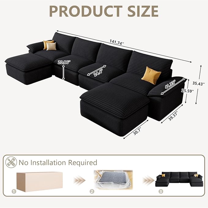 142" Cloud Sectional Couch with U-Shaped Chaise, Corduroy Sectional Sofa with Ottoman, Boneless Couch with Deep Seat in a Box for Living Room, No Assembly Required (Black)