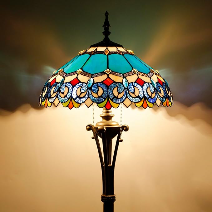 Tiffany Floor Lamp Blue Stained Glass Jewelry Baroque Standing Reading Light 16X16X70 Inches Antique Pole Corner Lamp Decor Bedroom Office Living Room