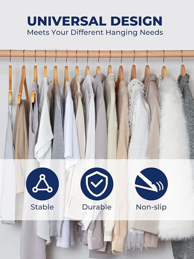 Smartor Wooden Hangers 10 Pack, Solid Wood Coat Hanger for Closet, Heavy Duty Wood Hangers for Suits, Shirts, Dresses, with 360° Rose Gold Hook, Non Slip Pant Bar, Natural