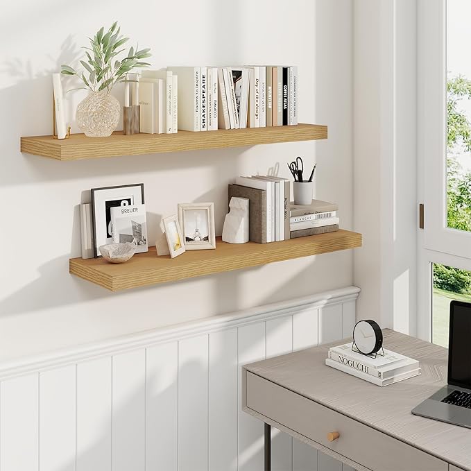 Fun Memories 36 Inch Deep Floating Shelves for Wall, 2 Pack of Wall Mounted Wood Shelves with Invisible Brackets for Bathroom, Bedroom, Living Room, Kitchen Decor and Storage, Oak