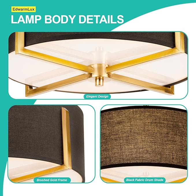 3-Light Semi Flush Mount Ceiling Light Fixture, 13.7" Gold Drum Light with Black Fabric Shade, Modern Close to Ceiling Lamp for Living Room Bedroom Dining Room Kitchen Hallway Entry Foyer