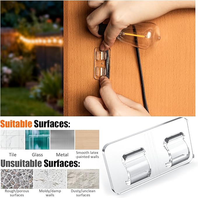 Light Clips Hooks for Outside String Lights, 30 Pcs Adhesive No Drill Light Hangers - Outdoor Patio Balcony Decor Fence - Rope Led Light Strip Christmas Decor Hooks