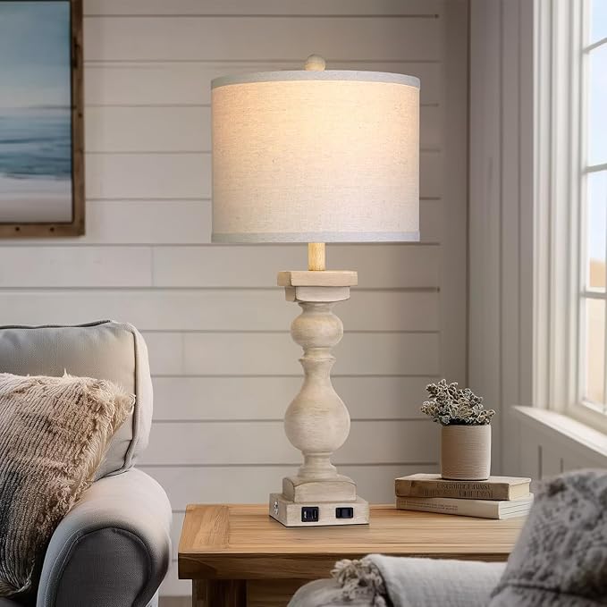 28" Tall Farmhouse Table Lamps Set of 2 with USB C+A Ports and AC Outlet, 3 Way Touch Tall Rustic Bedside Lamps for Living Room, Beige Vintage Lamps for Bedroom