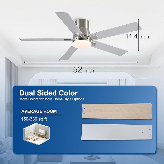 Rayqueen 52 Inch Ceiling Fans with Lights and Remote,Flush Mount Brushed Nickel Ceiling Fan,6 Speed Reversible DC Motor,3CCT Dimmable LED-Low Profile Design for Bedroom, Living room & Covered Outdoor