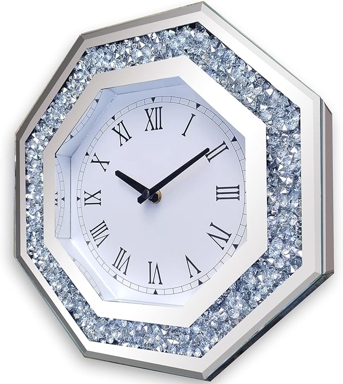 Wall Clock, Octagon Mirror Glass Clock, Cute Diamond 12-inch Non-Ticking Clock for Wall Décor, Perfect Home Decor for Bedroom, Bathroom Motif, Dining Room(Excluding Batteries.)