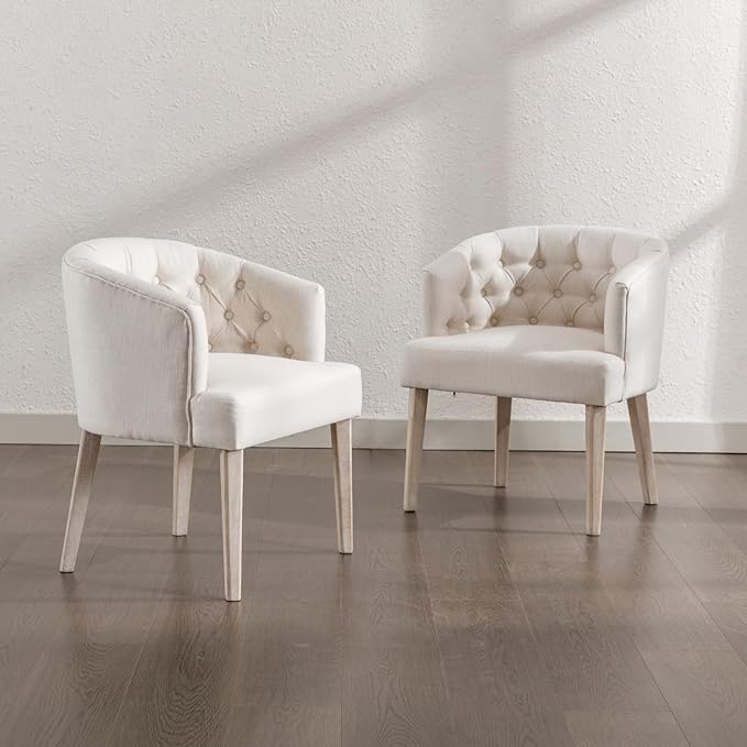 HEAH-YO Modern Dining Chairs Set of 4, Tufted Dining Room Chairs with Barrel Backrests, Upholstered Linen Kitchen Chair for Dining Room, White