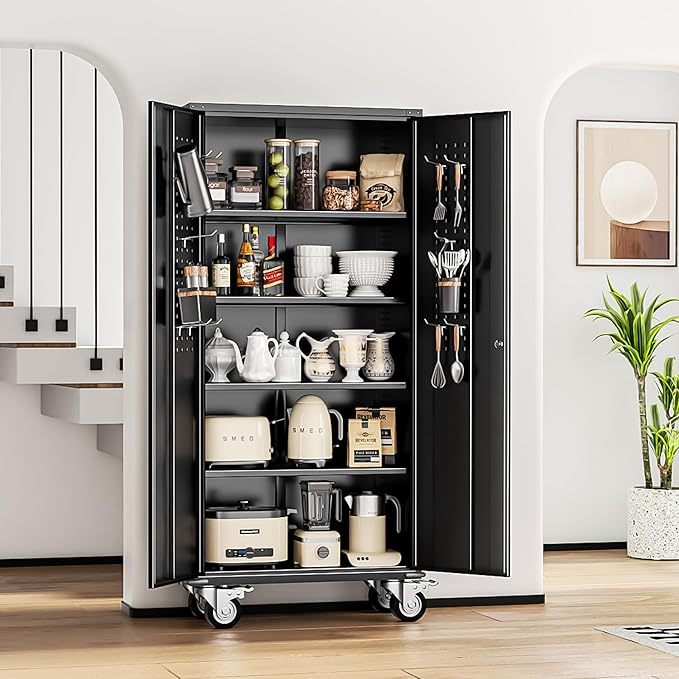 INTERGREAT Metal Storage Cabinet with Wheels, 72" Lockable Mobile Cabinets with Adjustable Shelves, Large Capacity Rolling Tall Cabinet with Casters for Home Office, Kitchen, Garage, School(Black)