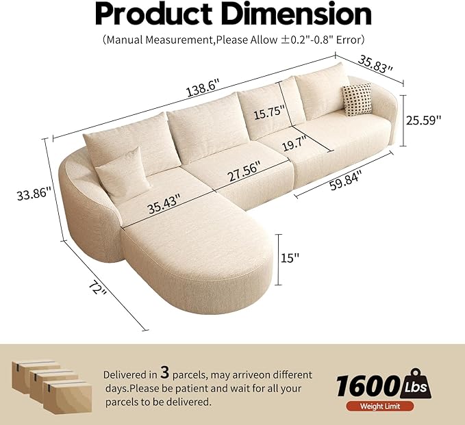 138.6" Modular Sectional Couches Luxury Modern Curved Back Sofa,Minimalist Comfy L-Shape Boneless Cloud Couch for Living Room Apartment,(Left Facing Chaise,White)