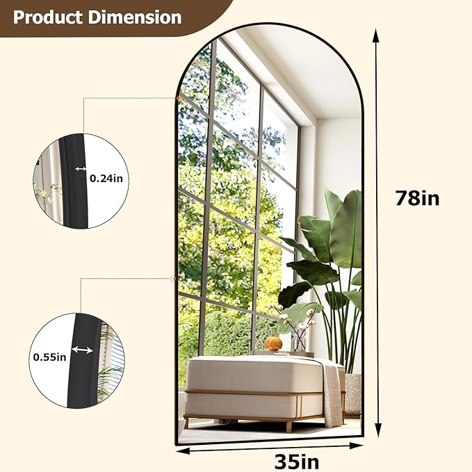 GLSLAND 35x78 inch Arched Full Length Mirror - Aluminum Alloy Frame Floor Mirror with Stand High Definition-Full Body Mirrors for Bedroom or Living Room,Black
