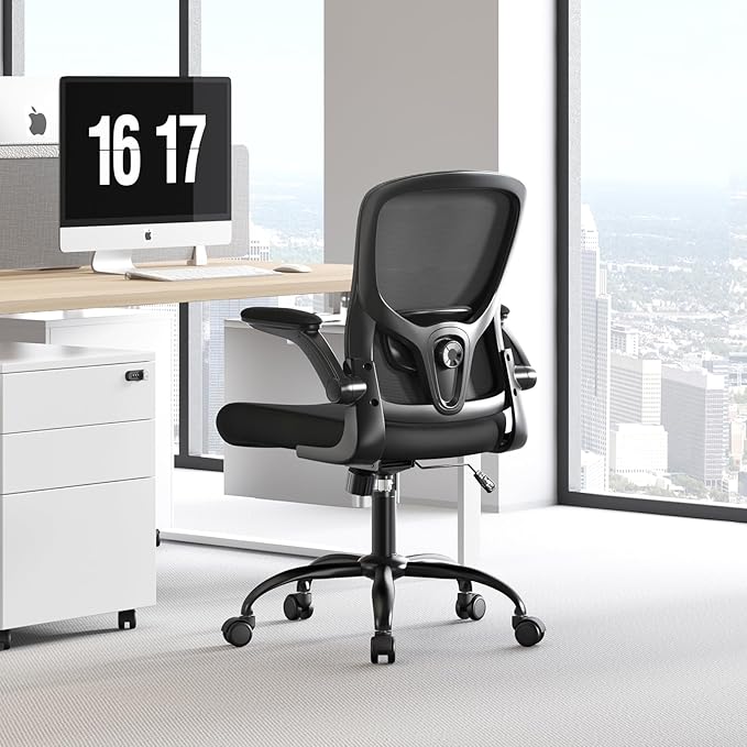 Ergonomic Office Chair-High Back Desk Chair, Adjustable Lumbar Support, Flip-Up Arms, 90-120° Tilt Lock, Breathable Mesh Back Rolling Work Chair for Man Woman(Black)