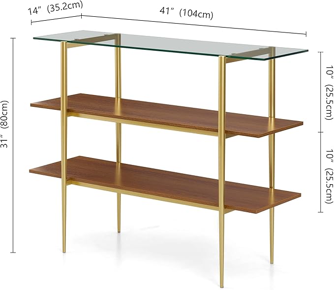 Glass Console Table for Living Room, Foyer & Entrance, H41 x W14 x H31inch, 3-Tier Mid-Century Modern Sofa Table with Clear Glass Top, Walnut Finish Wood Shelf and Gold Finish Frame