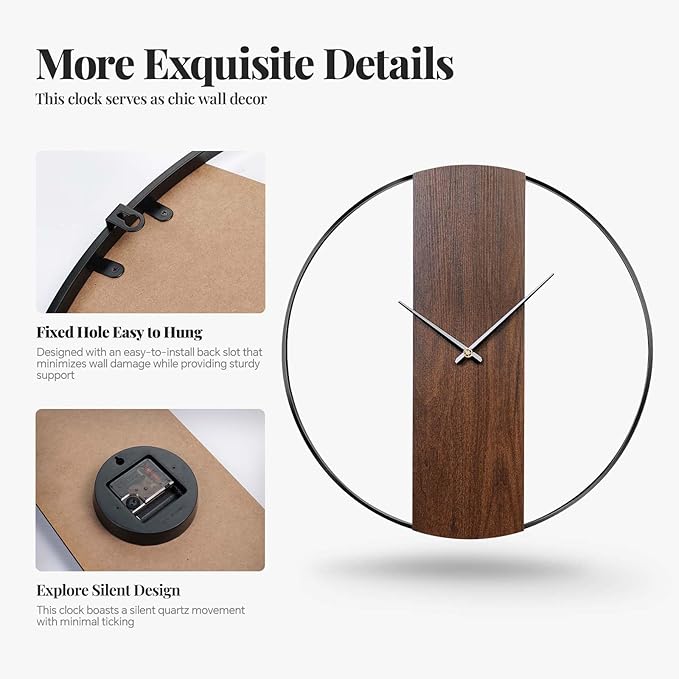 Large Wall Clock 30 Inch Decorative Modern Minimalist Wall Clocks for Living Room Decor, Silent Non Ticking Battery Operated Rustic Big Clock with Walnut Dial for Bedroom, Kitchen, Farmhouse, Office