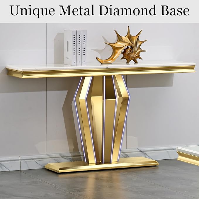 Gold Console Table, White and Gold Sofa Table, 50-inch Entryway Table with Polished Geometric Base for Living Room, Hallway