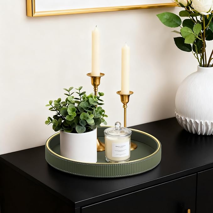 Round Decorative Tray for Coffee Table Decor, PU Leather Coffee Table Tray Golden Trim for Home Decor Living Room Dining Table, Perfume Trays Nightstand Organizer (Green)