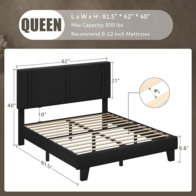 iPormis Queen Platform Bed Frame with Fabric Upholstered Headboard & Thickened Legs, Mattress Foundation with Solid Wooden Slats Support, No Box Spring Needed, Noise Free, Black