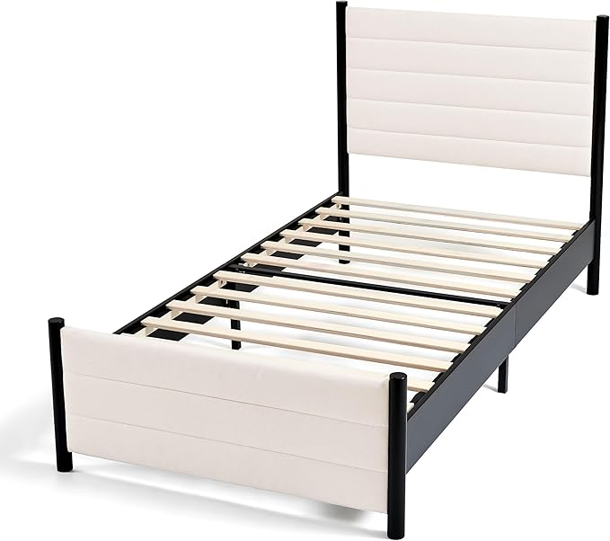 Hokway Bed Frame Upholstered Platform Bed with Headboard Wooden Slat Support No Box Spring Needed(Twin, Beige)