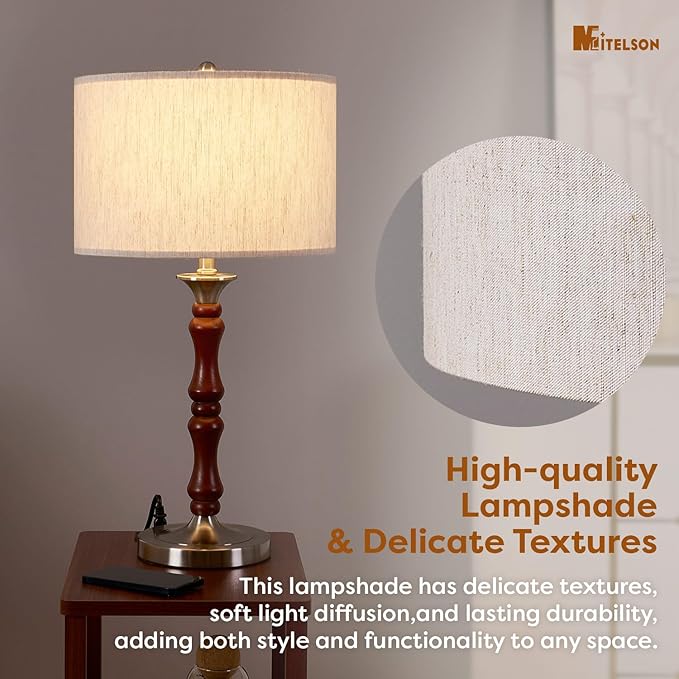 Bedside Table Lamp for Bedroom, Modern Desk Lamp with Dimmable Switch and Bulb, Minimalist Night Stand Light Lamp with Fabric Shade, Desk Reading Lamp for Kids Room Living Room Office