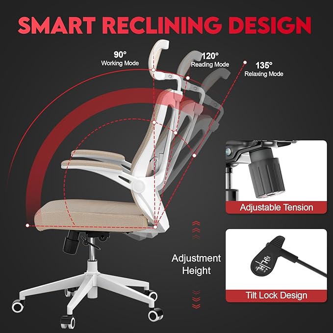 Ergonomic Office Chair - 400LB Comfy Desk Chairs with Adjustable Headrest and Lumbar Back Support, Mesh Computer Chairs with Wheels and Arms for Home Office, Study, Bedroom and Dorm (04khaki)