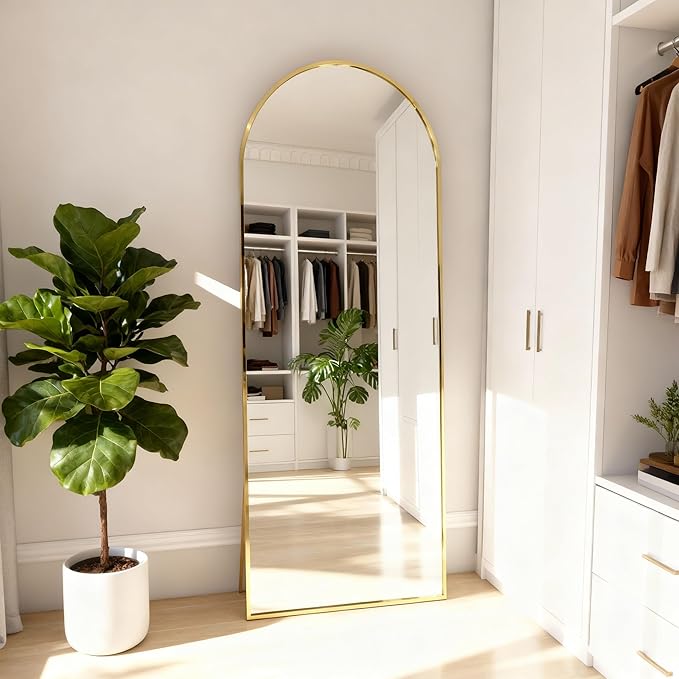 Arched Full Length Mirror,56" L x 15" W Floor Mirror, Aluminum Alloy Frame, Shatterproof Glass - Free Standing, Leaning or Wall Mounted for Bedroom, Living Room, Entryway, Modern Home (Gold)