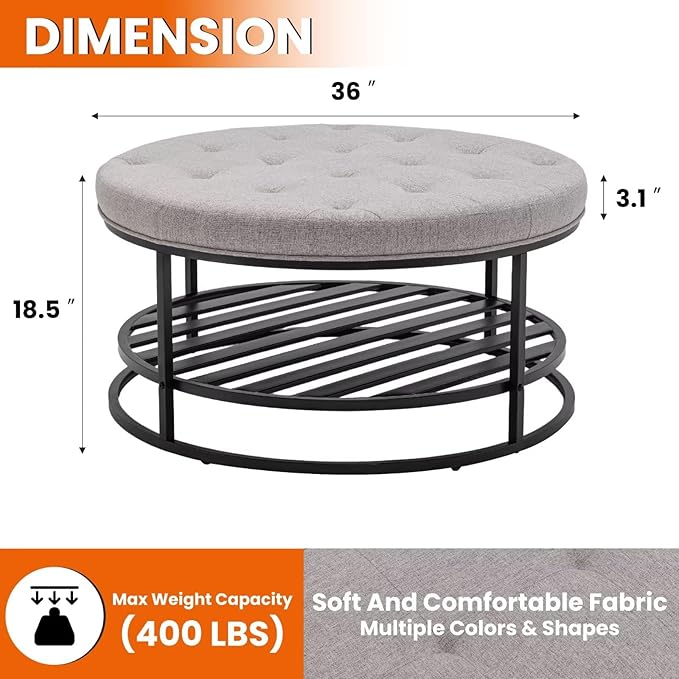 Ottoman Coffee Table with Upholstered Tufted Linen Fabric, Round Center Table with Storage Large Footrest Ottoman for Living Room Gray