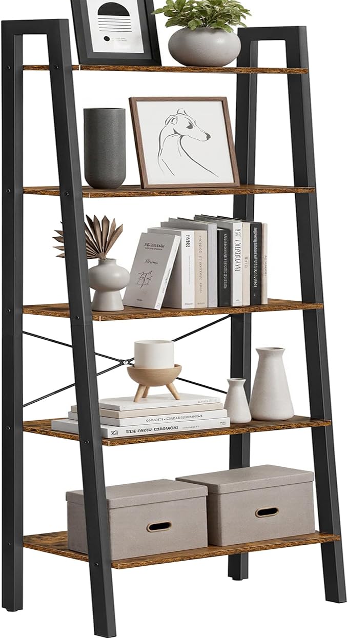 VASAGLE Ladder Shelf, 5-Tier Bookshelf, Storage Rack, Bookcase with Steel Frame, for Living Room, Home Office, Kitchen, Bedroom, Industrial Style, Rustic Brown and Ink Black ULLS45X