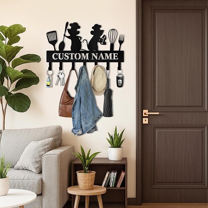 Personalised Key Holder for Wall, Kitchen Theme Key Holder Wall Mount, Kitchen Hooks for Utensils, Decorative Key Hanger Organizer for Dining Room Restaurant Entryway, Home Decor Gifts