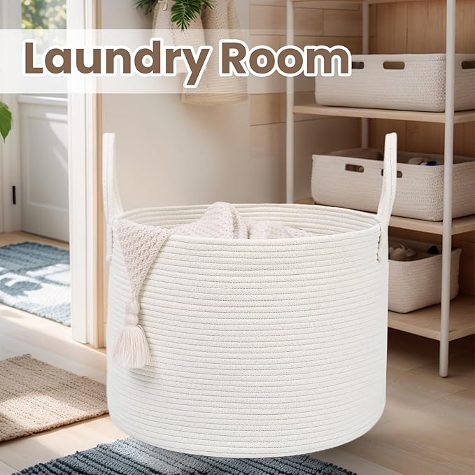 Woven Blanket Basket,115L Large Rope Storage Bin with Handles, Organizer for Blankets Toys Book and Clothes, Laundry Basket for Living Room Bedroom Nursery,White