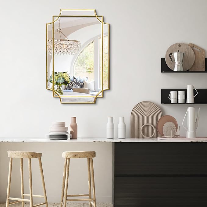 Gold Beveled Mirror, 20"x30" Bathroom Vanity Mirrors for Over Sink, Modern Rectangle Mirror with Wood Frame, Elegant Decorative Mirrors for Living Room Bedroom Fireplace Entryway Hallway