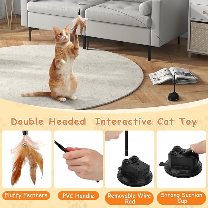 Cat Teaser Wand, Cat Toys Feather with Super Suction Cup, Double Headed Detachable Interactive Cat Toy, 12 PCS Elastic Cat Toys with Feathers, Cat Wand Toys for Indoor Cats