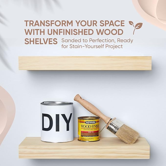 Homeforia Wood Floating Shelf 16 inch, High End Solid Natural Wood 16inch Floating Shelves for Wall Mounted, Unfinished Wooden Small Floating Shelves, Heavy Duty Bracket, 16 X 6.5 X 1.75 in, Set of 3