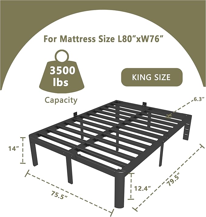 ITIMIDI 14 Inch King Bed Frame, Platform Bed Frame King Size, No Box Spring Needed, Heavy Duty Steel Slat Support and DIY Headboard, Safety Design with Rounded Corner Legs, Noise Free, Black