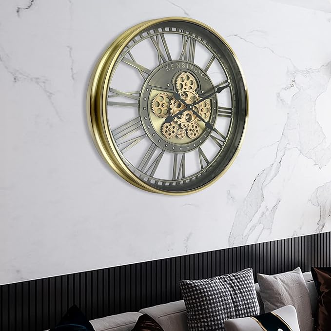 Real Moving Gears Wall Clock Large Modern Metal Clocks for Living Room Decor, Industrial Steampunk Unique Vintage Rustic Decorative Clock for Home Farmhouse Office, 27.6 Inch,Brass Gold Roman