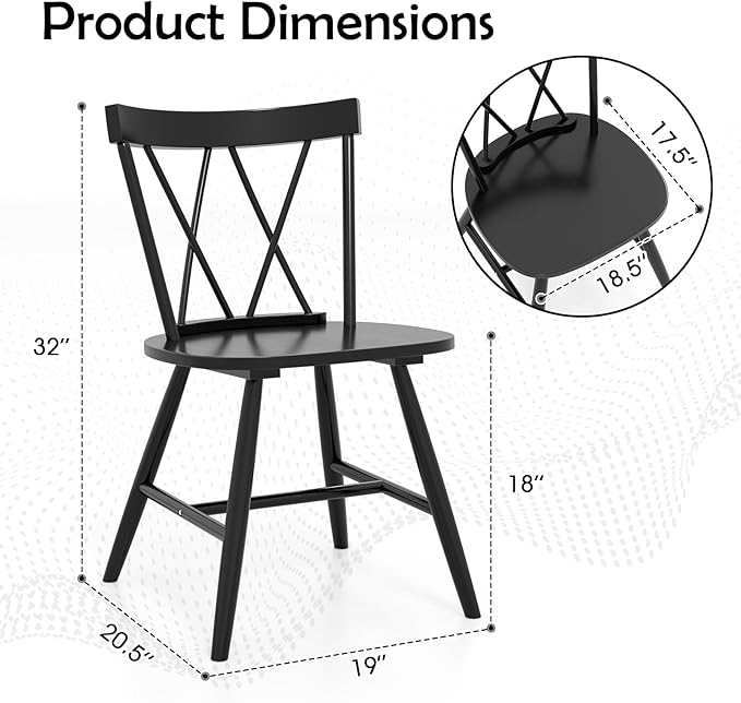 Giantex Windsor Dining Chairs Set of 4, Farmhouse Wooden Kitchen Chairs w/Cross Back, Wide Seat, Rubber Wood Frame, Armless Side Chairs for Kitchen, Dining Room, Living Room, Restaurant, Black