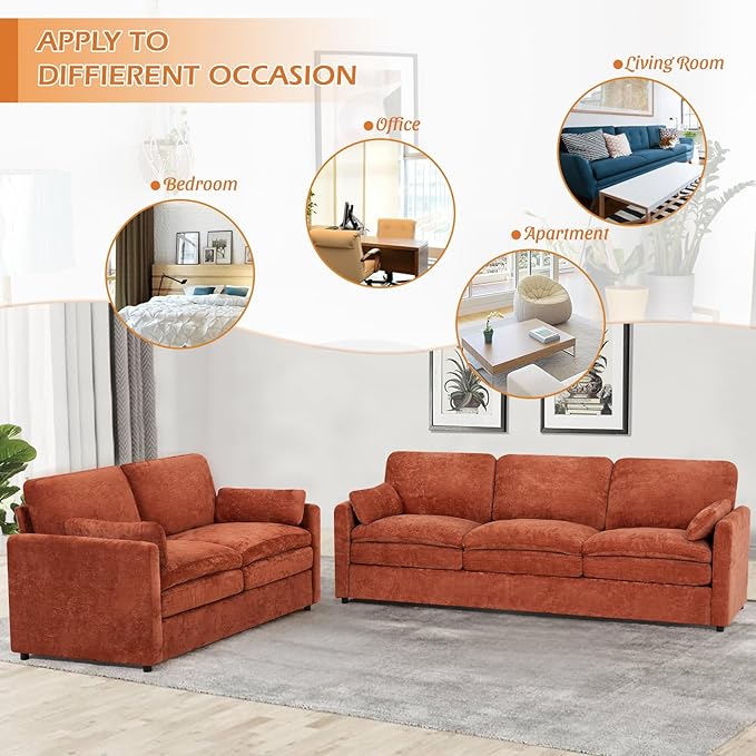 2 Pieces Chenille Sofa Set w/Arm Pillows, Upholstered Loveseat & 3 Seater Sofa w/Comfortable Back Cushions, Modern 2-Seat & 3-Seat w/High-Density Foam for Living Room, Apartment, Orange