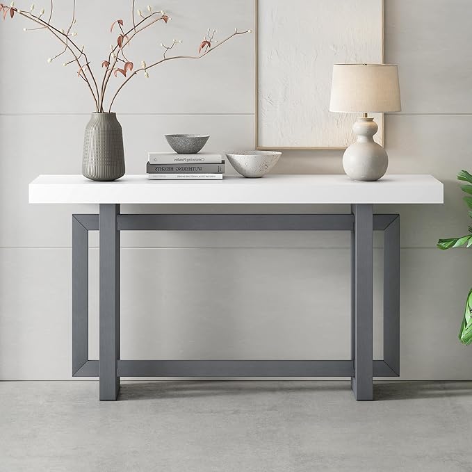 Knocbel Contemporary Console Table with Industrial-Inspired Concrete Wood Top, Minimalist Entryway Table for Hallway Living Room Foyer Corridor, 59.1" W x 15.7" D x 31.7" H (Dark Gray & White)