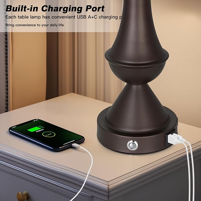 29" BrownTall Table Lamps for Living Room, Touch Control Bedroom Lamp with USB A+C Ports, 3-Way Dimmable Bedside Table Lamps Set of 2, Modern Metal Lamp for Nightstand